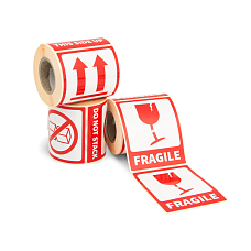 Výstražné etikety na zásilky Fragile, Do not stack, This side up
