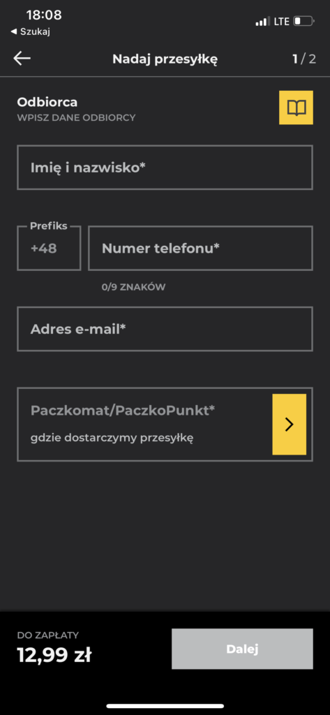 Inpost mobile - Typ nadania i dane odbiorcy