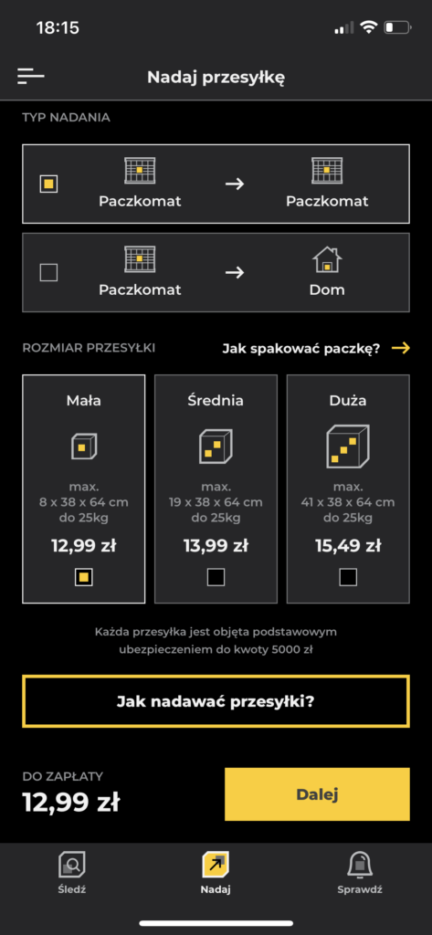 Inpost mobile - Typ nadania i rozmiar przesylki