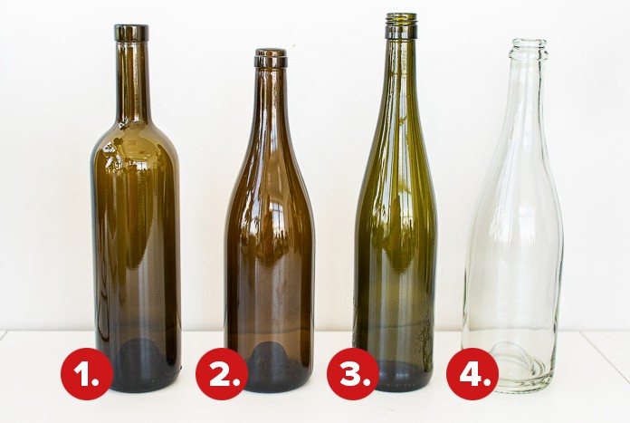 Najczęściej spotykane rodzaje butelek to: bordeaux, burgunder, schlegel i butelka na szampana.