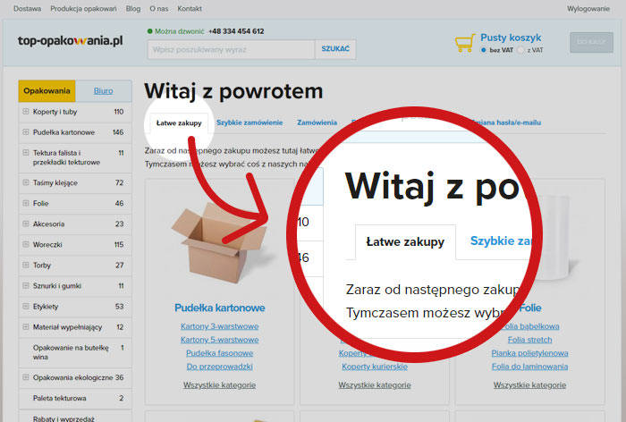 Łatwe zakupy zrzut ekranu z Top-opakowania.pl